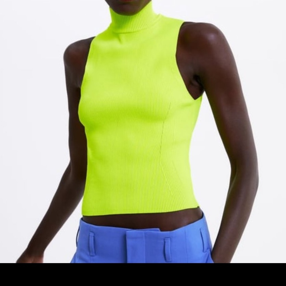 ZARA BANDAGE RIBBED KNIT NEON HIGHLIGHTER YELLOW HALTER HIGH NECK SLEEVELESS TOP